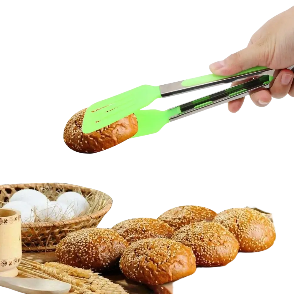 Green silicone-coated metal kitchen tongs holding a sesame seed bun non stick cooking utensil for food handling