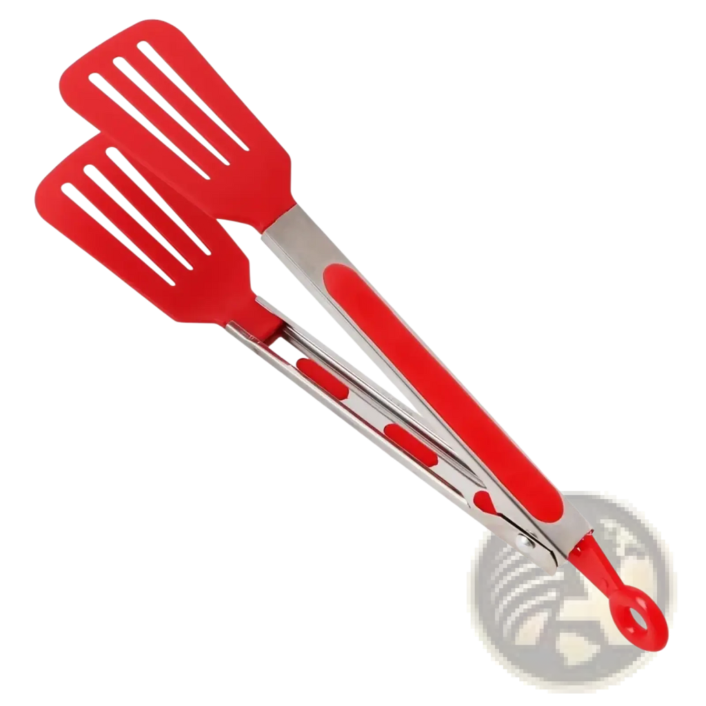 Red silicone kitchen tongs with stainless steel core and non stick coating featuring a looped handle for cooking
