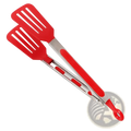 Red silicone kitchen tongs with stainless steel core and non stick coating featuring a looped handle for cooking