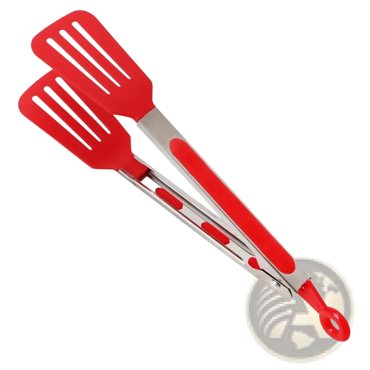 Red silicone kitchen tongs with stainless steel core and non stick coating featuring a looped handle for cooking