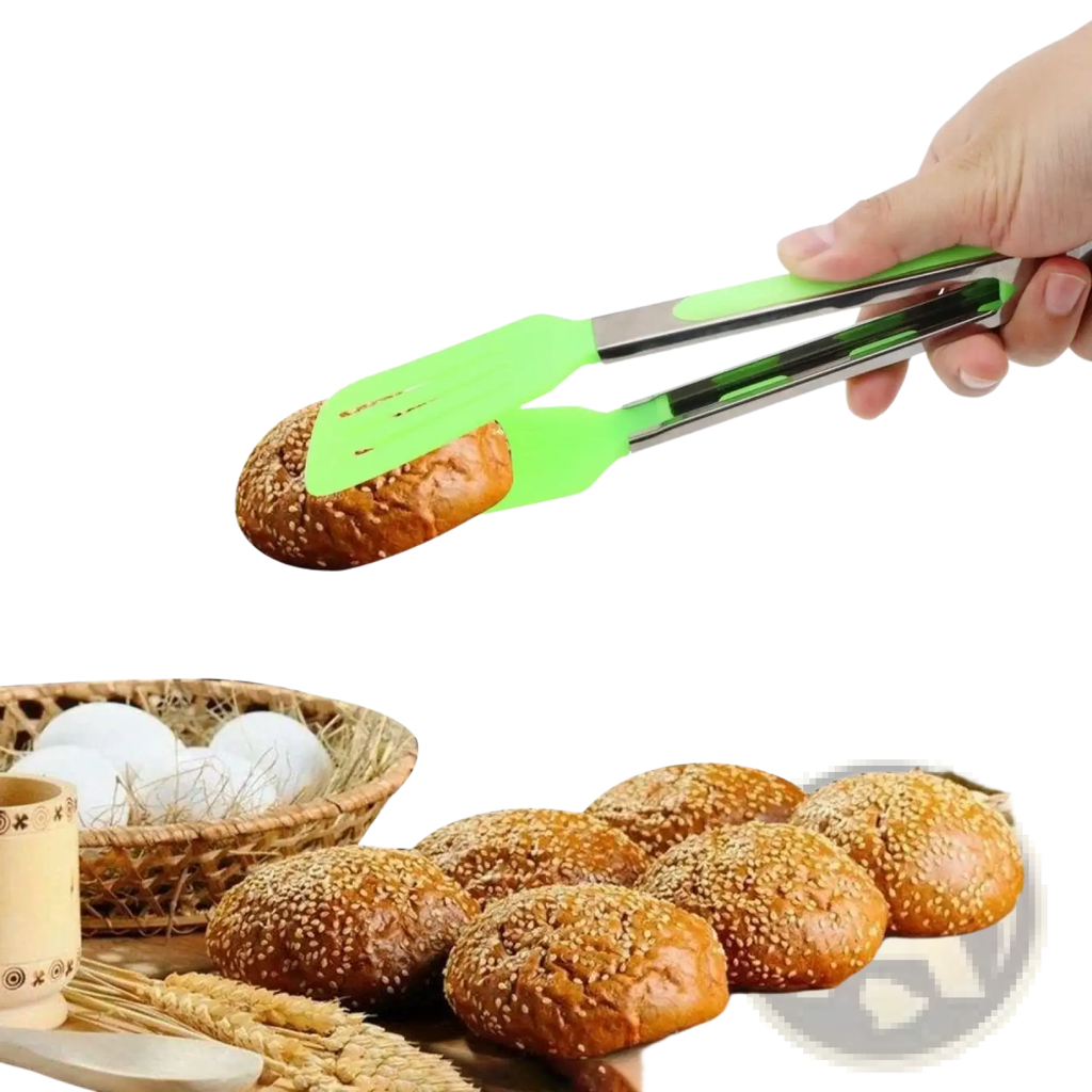 Green silicone-coated metal kitchen tongs holding a sesame seed bun non stick cooking utensil for food handling