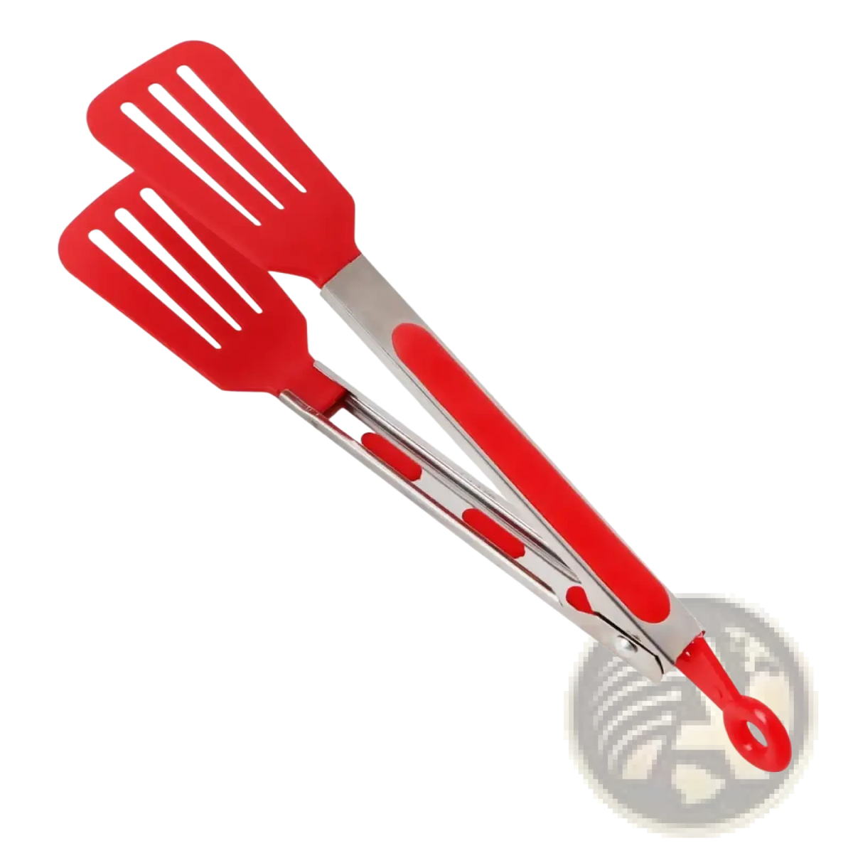 Red silicone kitchen tongs with stainless steel handle featuring three slots and ergonomic non stick cooking grip