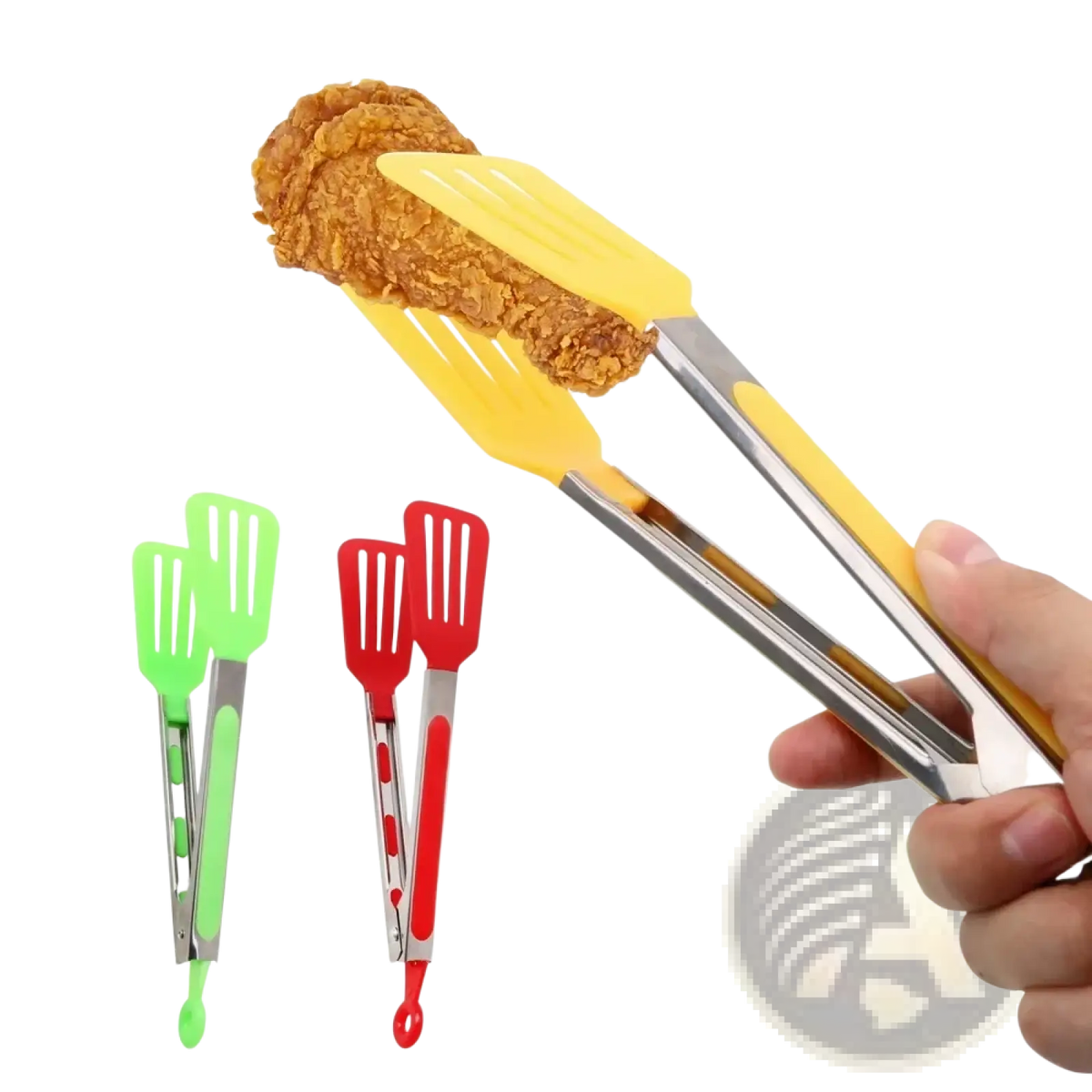 Yellow silicone-coated non stick kitchen tongs holding fried chicken for cooking and serving food