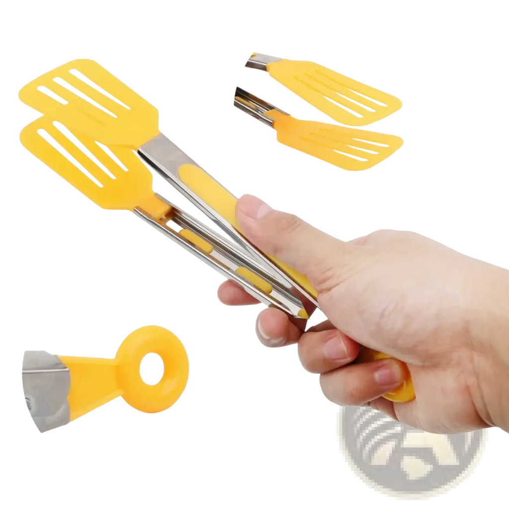Yellow silicone-coated stainless steel kitchen tongs with non stick spatula tips and looped handle end for cooking use