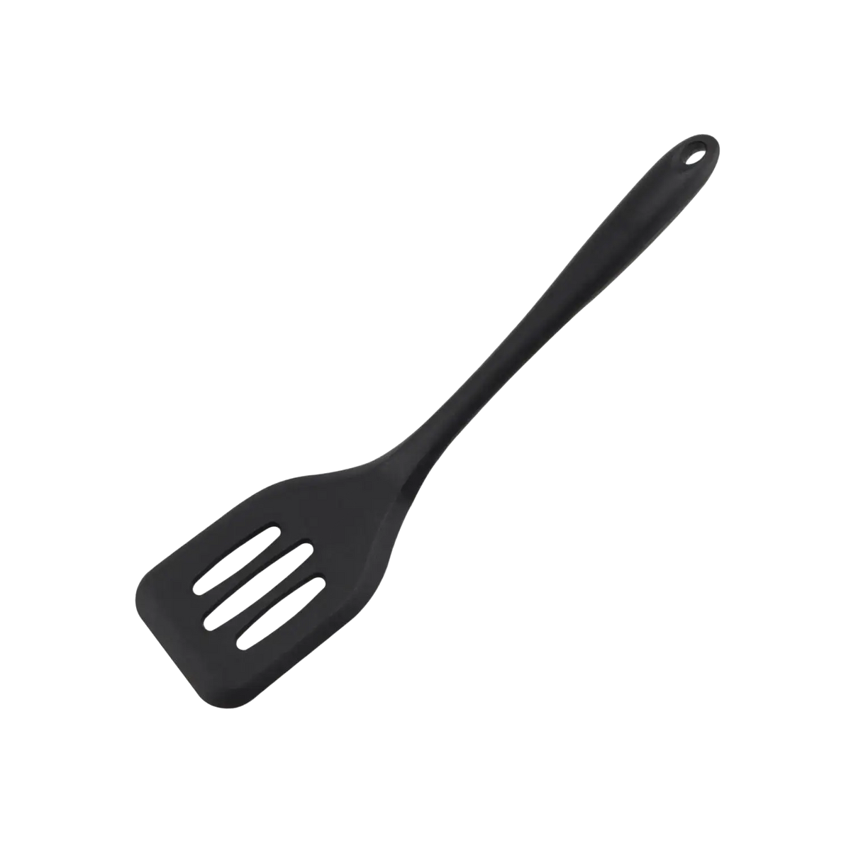 Black silicone kitchen turner spatula with three elongated slots and looped handle for cooking and flipping tasks