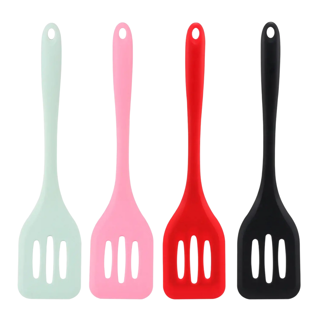 Set of four silicone kitchen turner spatulas in pastel mint pink red and black with a sleek non-stick design