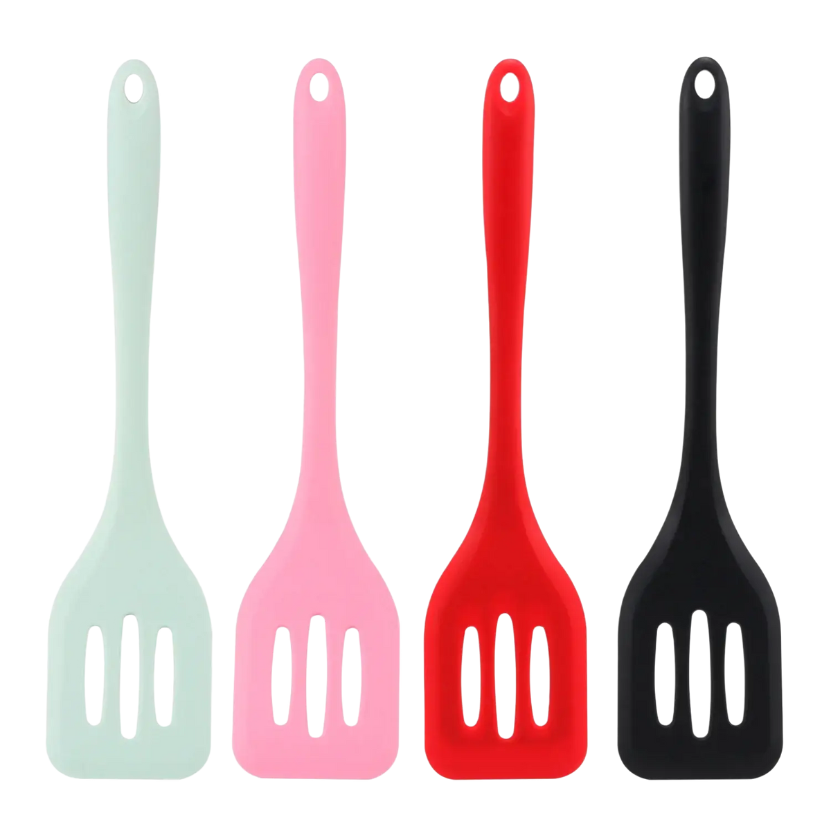 Set of four silicone kitchen turner spatulas in pastel mint pink red and black with a sleek non-stick design