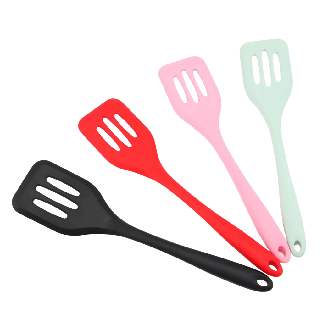 Set of four colorful silicone kitchen turner spatulas in black red pink and mint green for cooking and baking