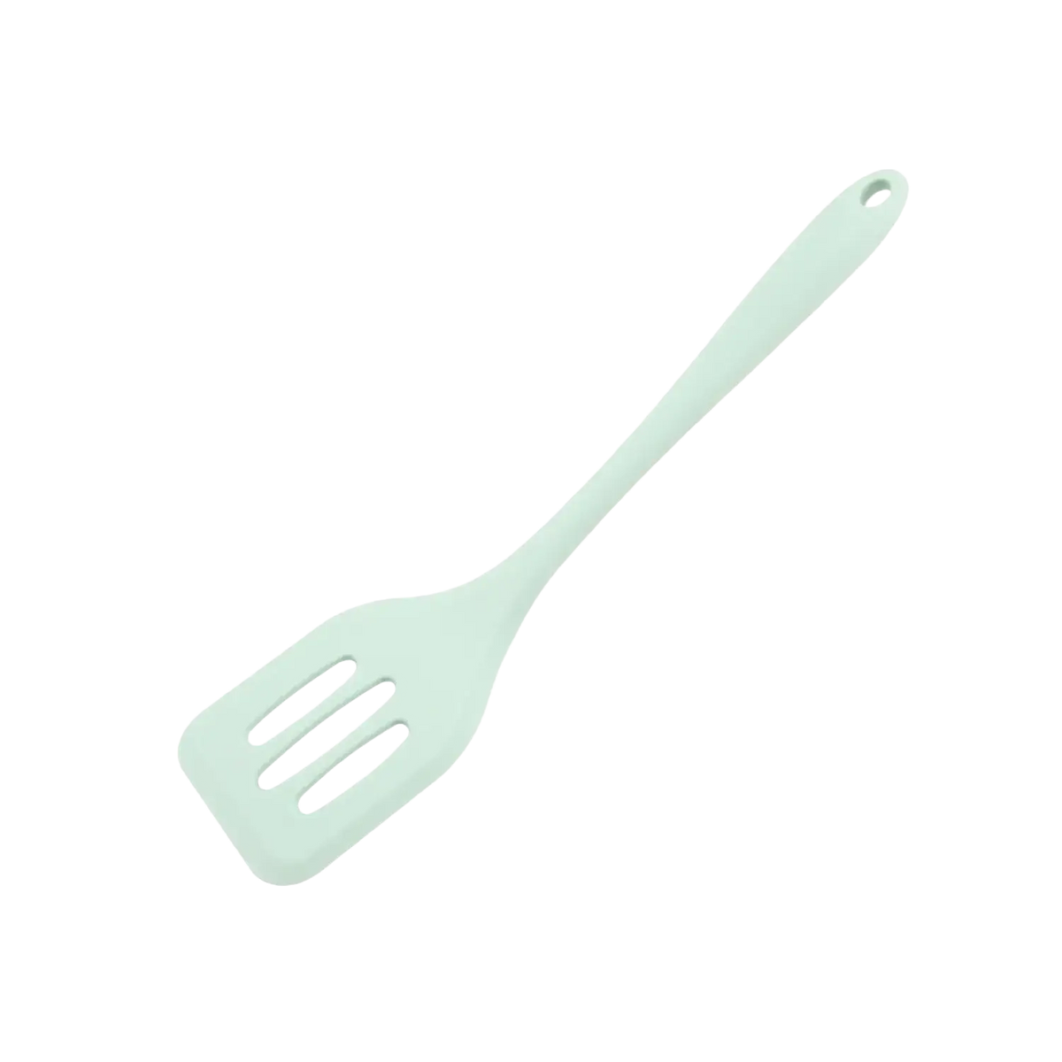 Silicone kitchen turner spatula set with a light mint green silicone head featuring three rectangular slots and long handle