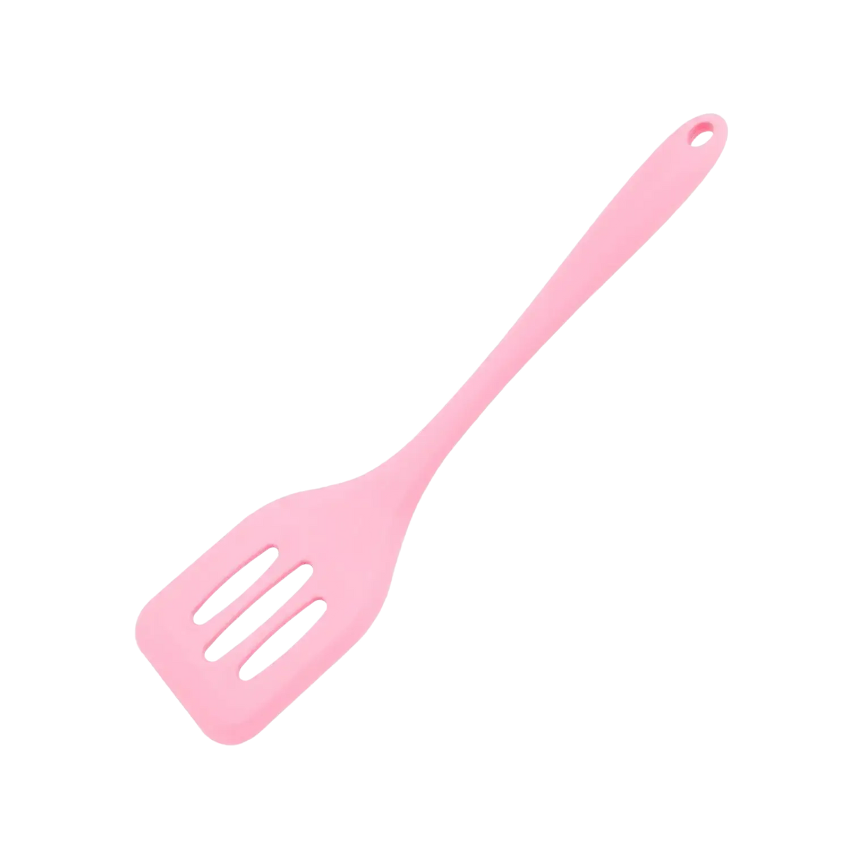 Pink silicone kitchen turner spatula with three rectangular slots and a hole at the handle end for hanging