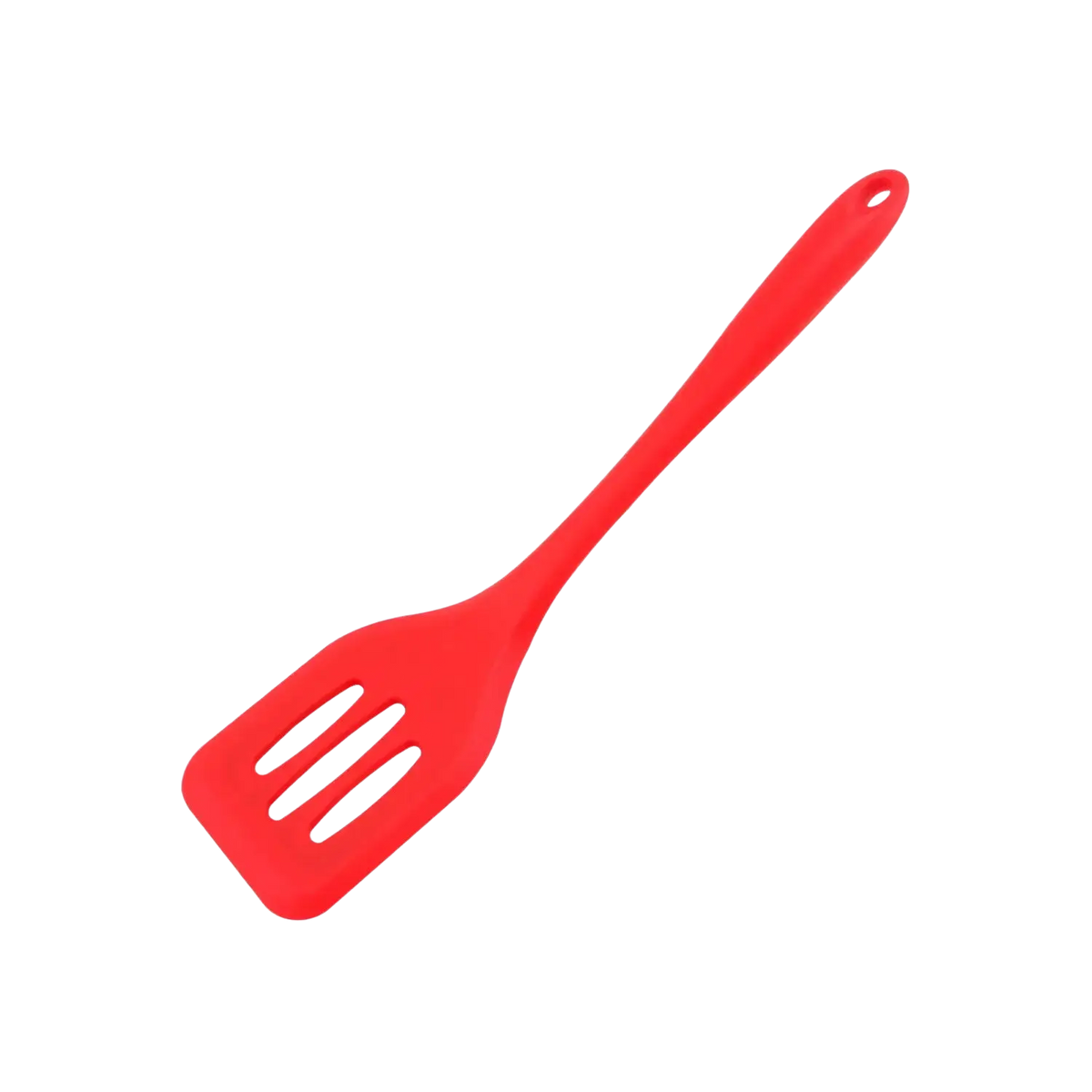 Red silicone kitchen turner spatula with three parallel slots on the blade for efficient cooking and flipping tasks