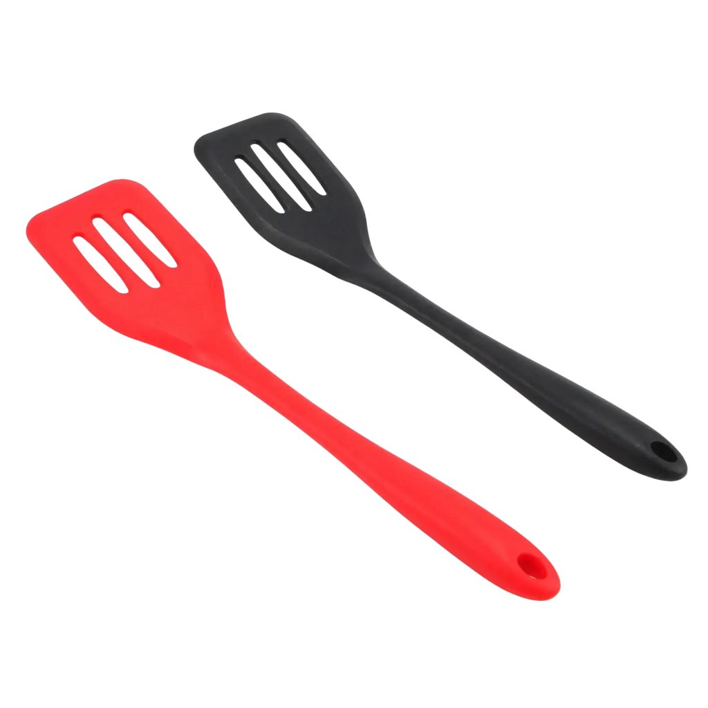 Silicone kitchen turner spatula set with red and black silicone heads featuring three parallel slots and sleek modern design