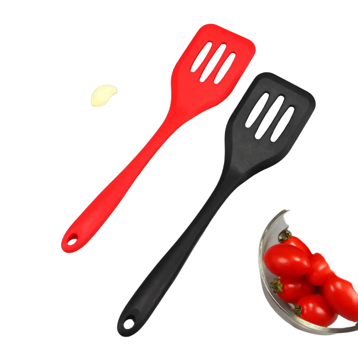 Silicone kitchen turner spatula set with three red and black slotted silicone heads for versatile cooking tasks