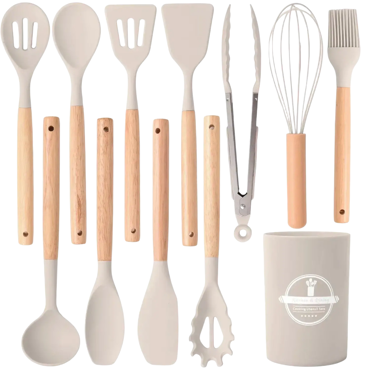 Beige silicone kitchen utensil set with light wood handles and matching beige ceramic storage cup