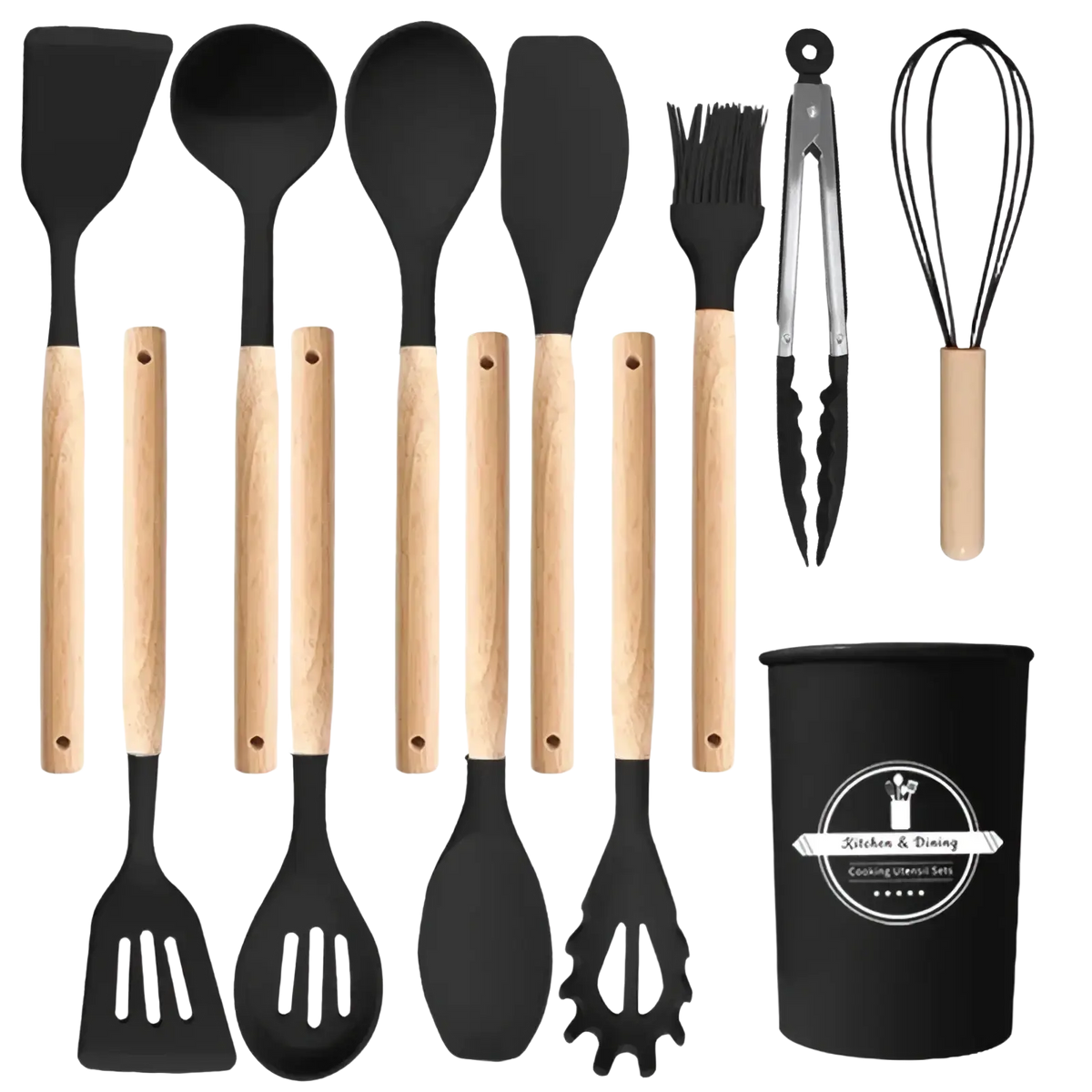 Black silicone kitchen utensil set with wooden handles and matching storage cup for cooking and serving