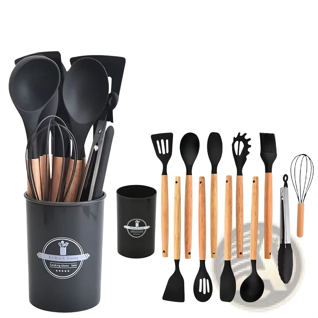 Silicone kitchen utensil set with black silicone heads and light wood handles neatly arranged in a black container
