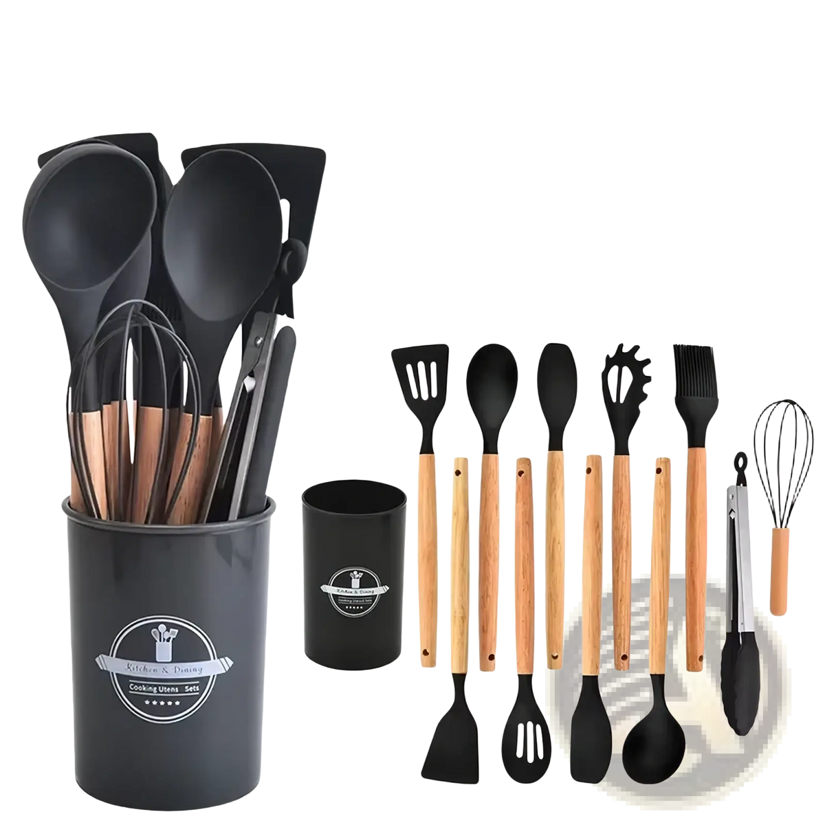 Silicone kitchen utensil set with black silicone heads and light wood handles neatly arranged in a black container