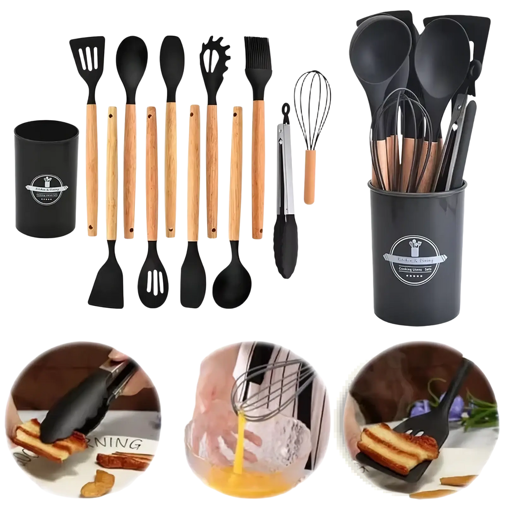 Silicone kitchen utensil set with black silicone heads and light wood handles neatly stored in a black canister