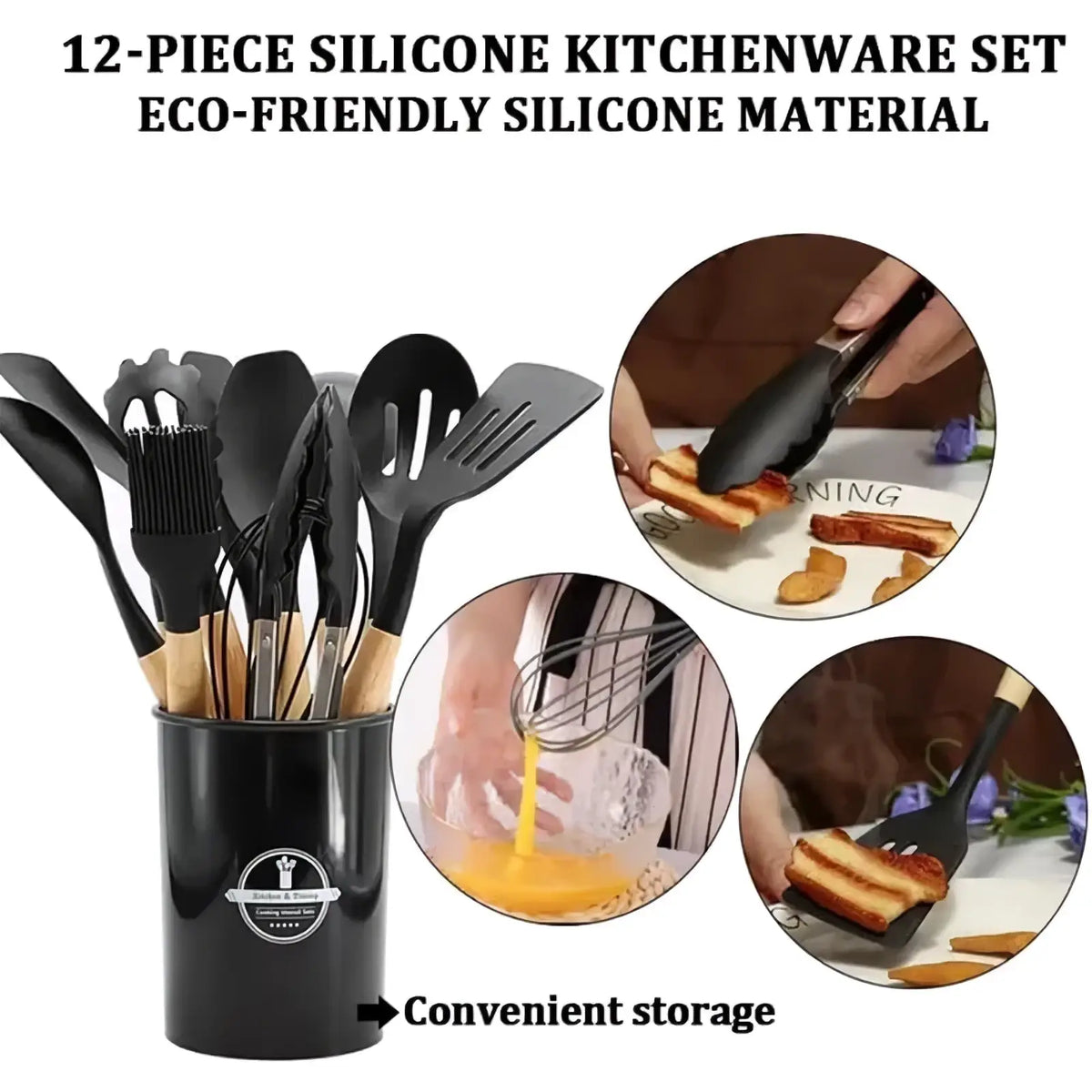 Black silicone kitchen utensil set with wooden handles in a black cylindrical storage container