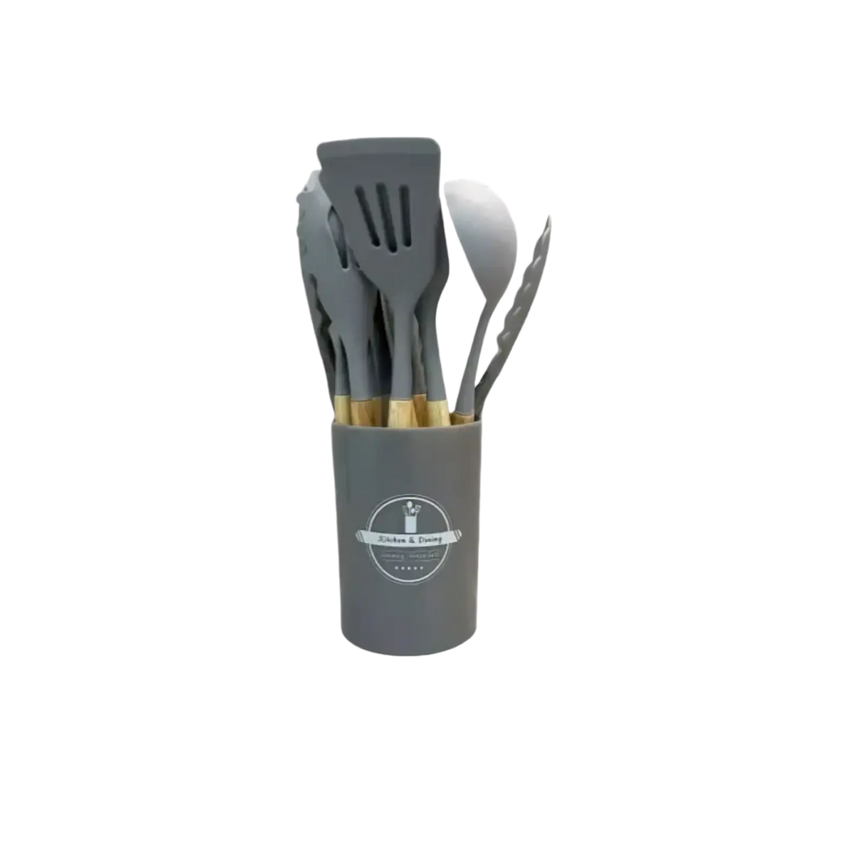Gray silicone kitchen utensil set with wooden handles in a matching gray cylindrical container for cooking use