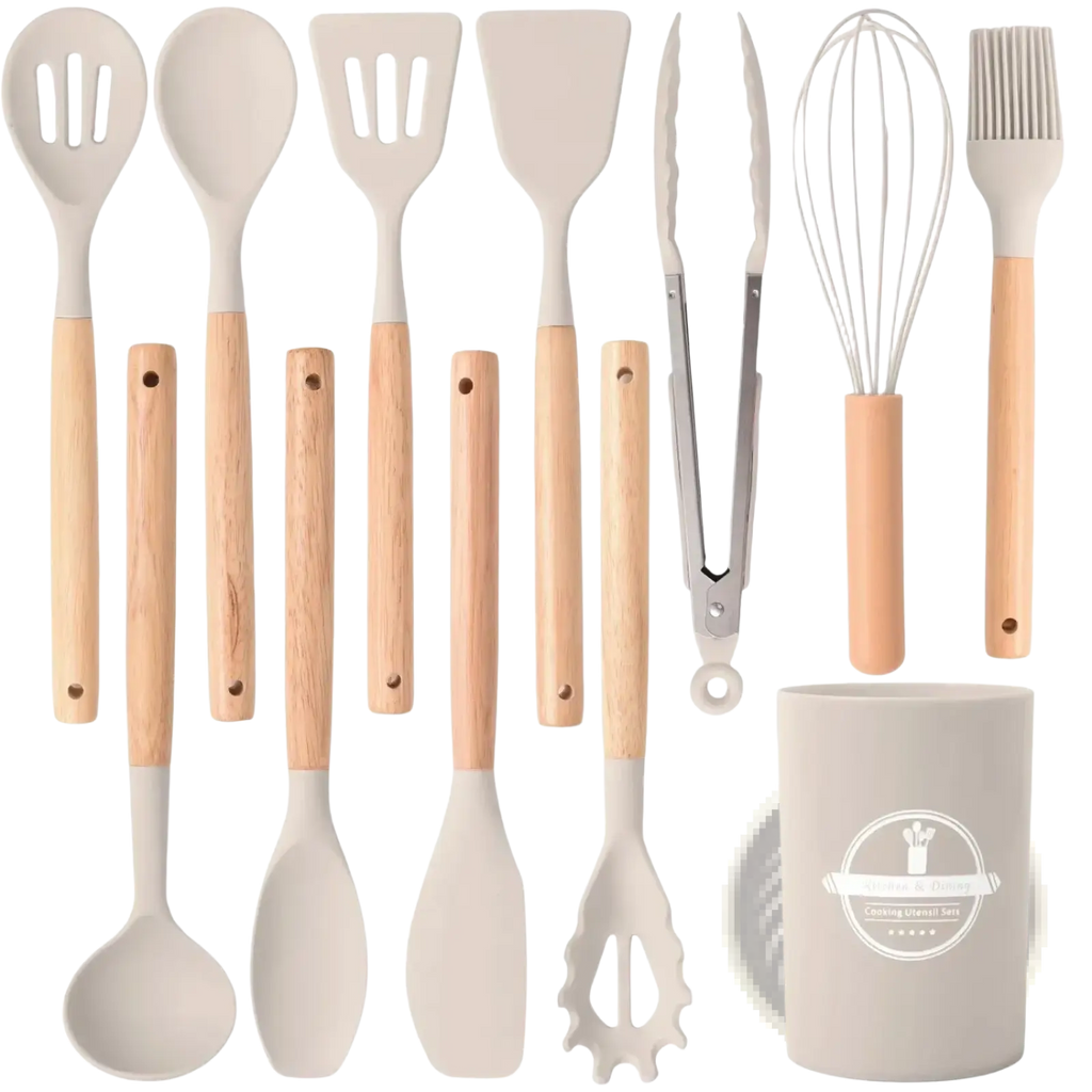 Beige silicone kitchen utensil set with light wood handles and matching beige ceramic storage cup