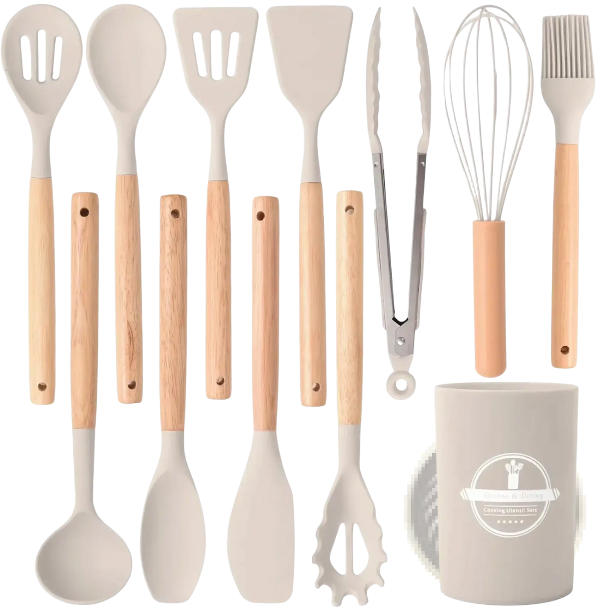 Beige silicone kitchen utensil set with light wood handles and matching beige ceramic storage cup