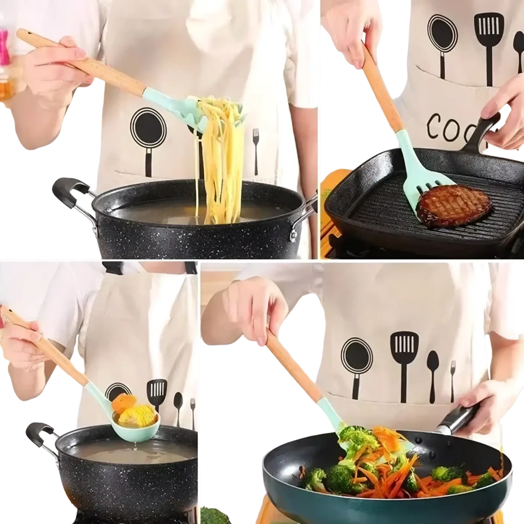 Light green silicone spatula with wooden handle from silicone kitchen utensil set for cooking and baking tasks