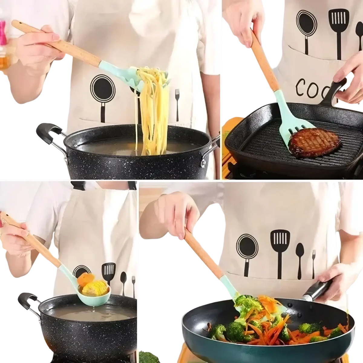 Light green silicone spatula with wooden handle from silicone kitchen utensil set for cooking and baking tasks