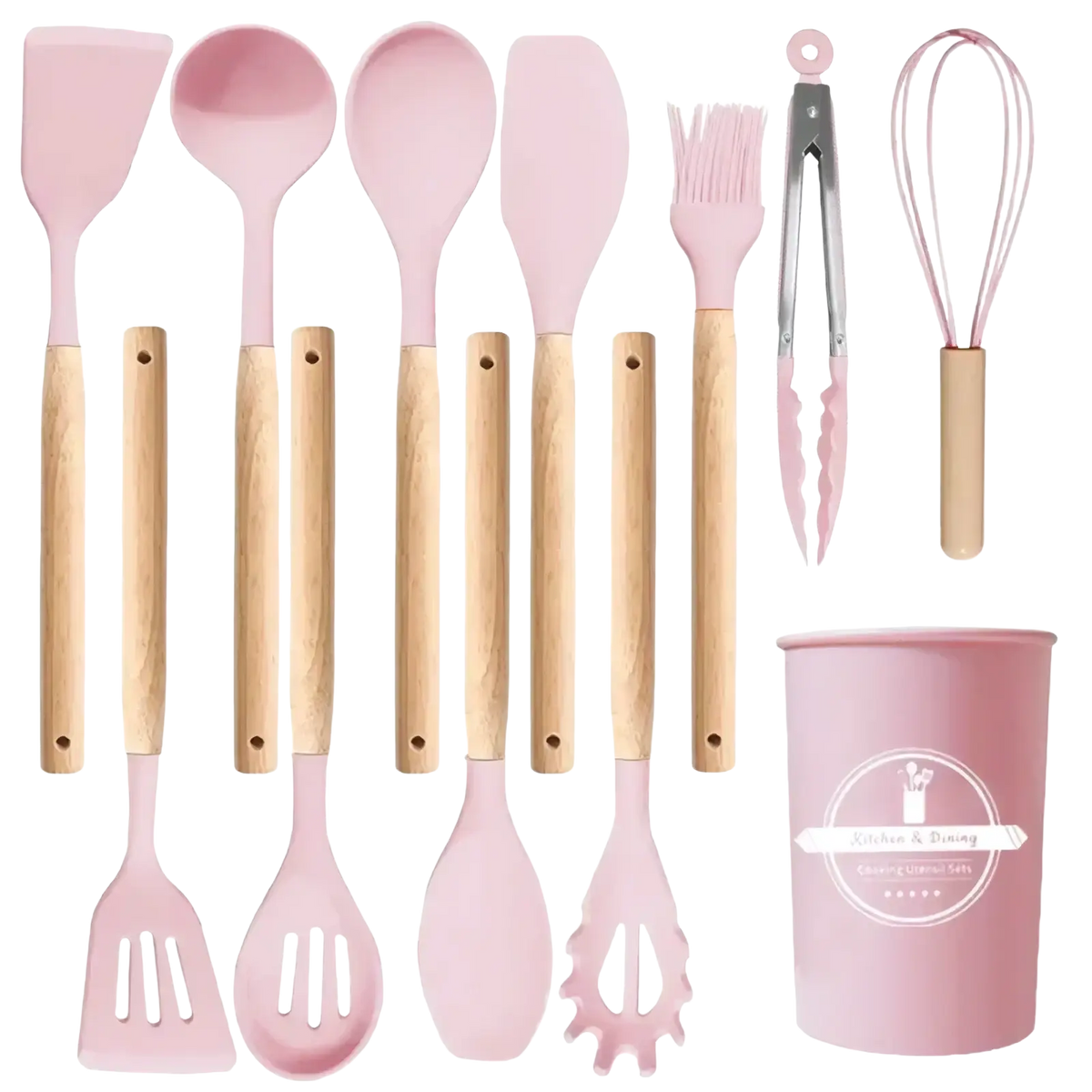 Silicone kitchen utensil set with wooden handle in pink silicone coating and matching pink storage cup