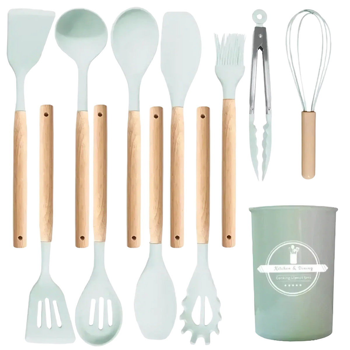 Silicone kitchen utensil set with wooden handles featuring ten pastel green silicone-coated tools and matching measuring cup