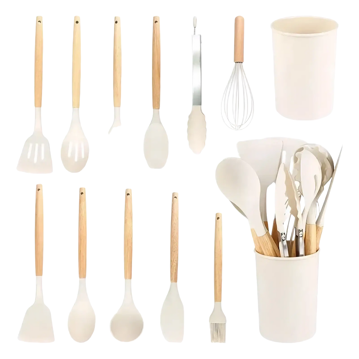Silicone kitchen utensil set with wooden handles featuring various off-white silicone cooking tools in multiple shapes
