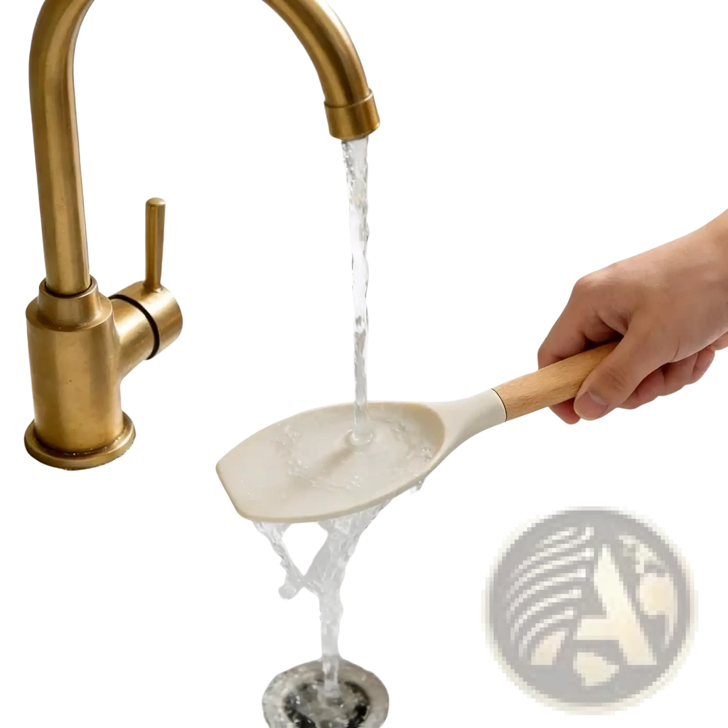 A beige silicone spatula with wooden handle from silicone kitchen utensils set 14 piece rinsed under running water