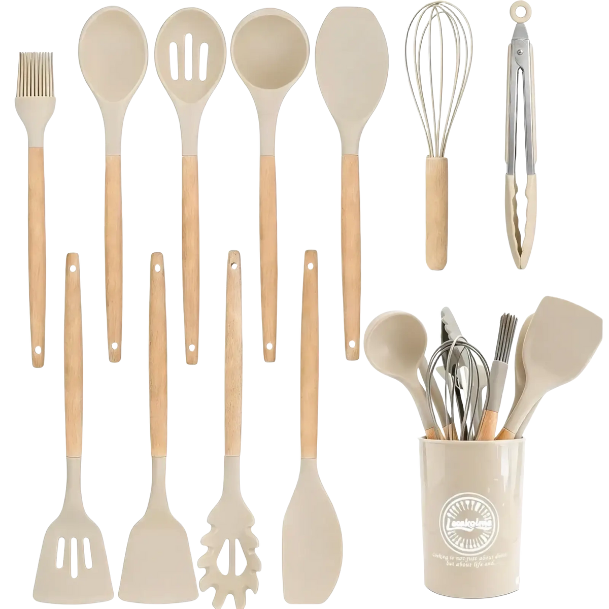Beige silicone kitchen utensils set 14 piece with wooden handles neatly organized in a matching ceramic storage cup