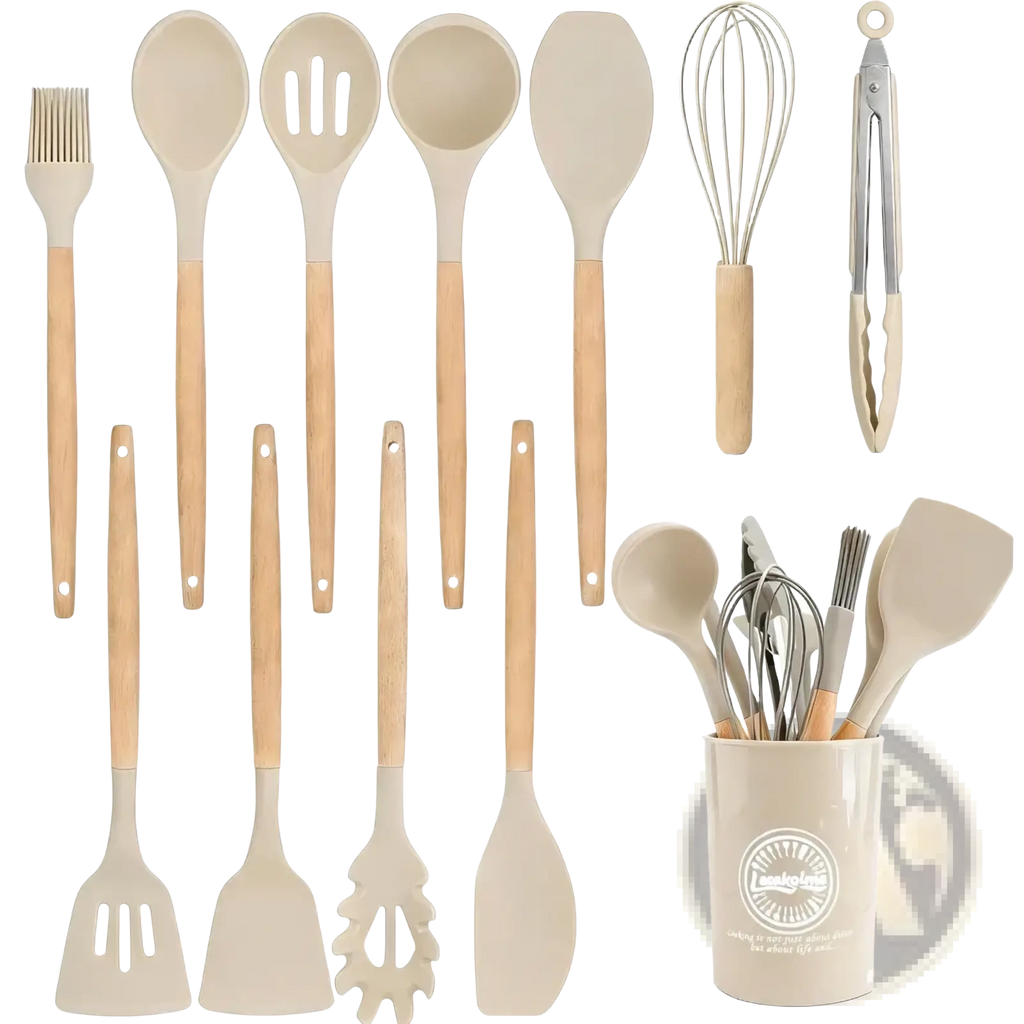 Beige silicone kitchen utensils set 14 piece with wooden handles neatly organized in a matching ceramic storage cup