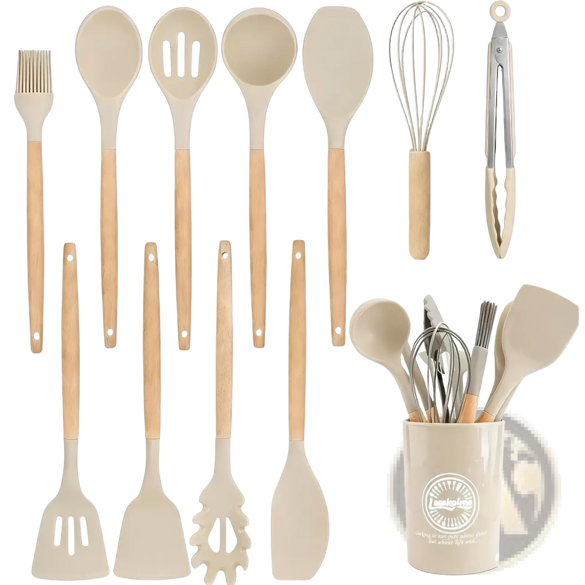 Beige silicone kitchen utensils set 14 piece with wooden handles neatly organized in a matching ceramic storage cup