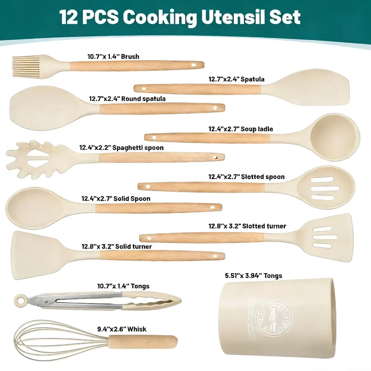 Cream-colored silicone kitchen utensils set with wooden handles includes spatulas spoons tongs and a whisk 14 piece