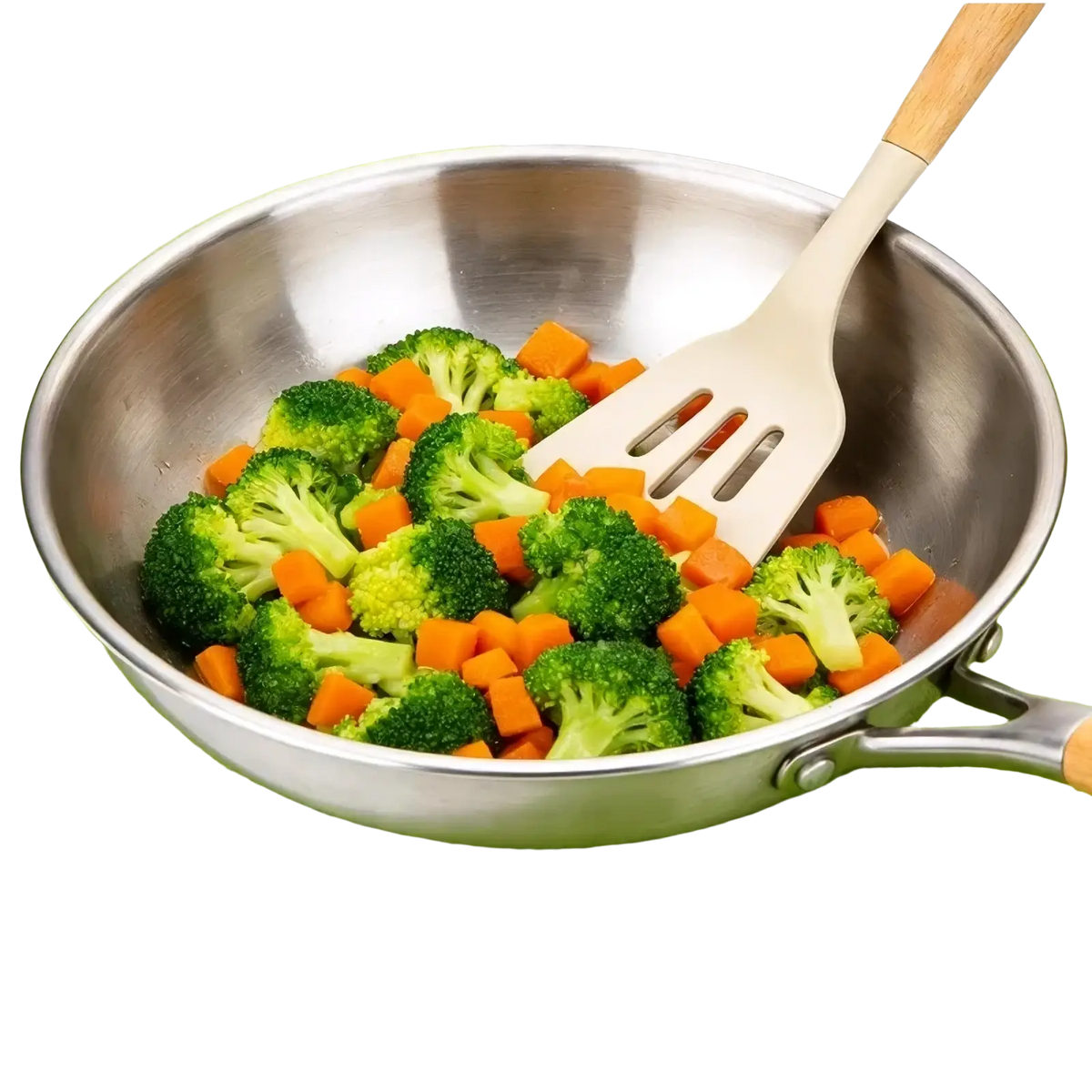 Stainless steel frying pan with wooden handle and matching spatula in silicone kitchen utensils set with vegetables