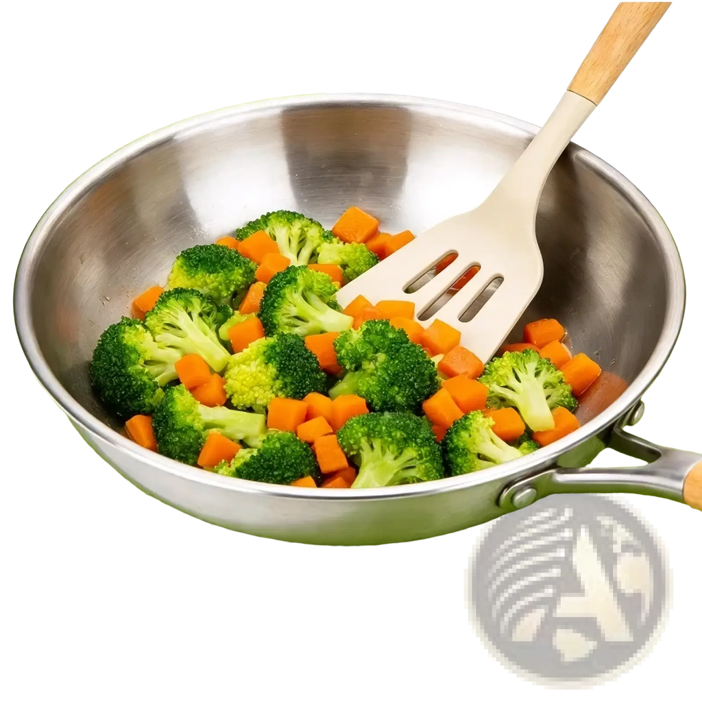 Stainless steel frying pan with wooden handle and matching spatula in silicone kitchen utensils set with vegetables