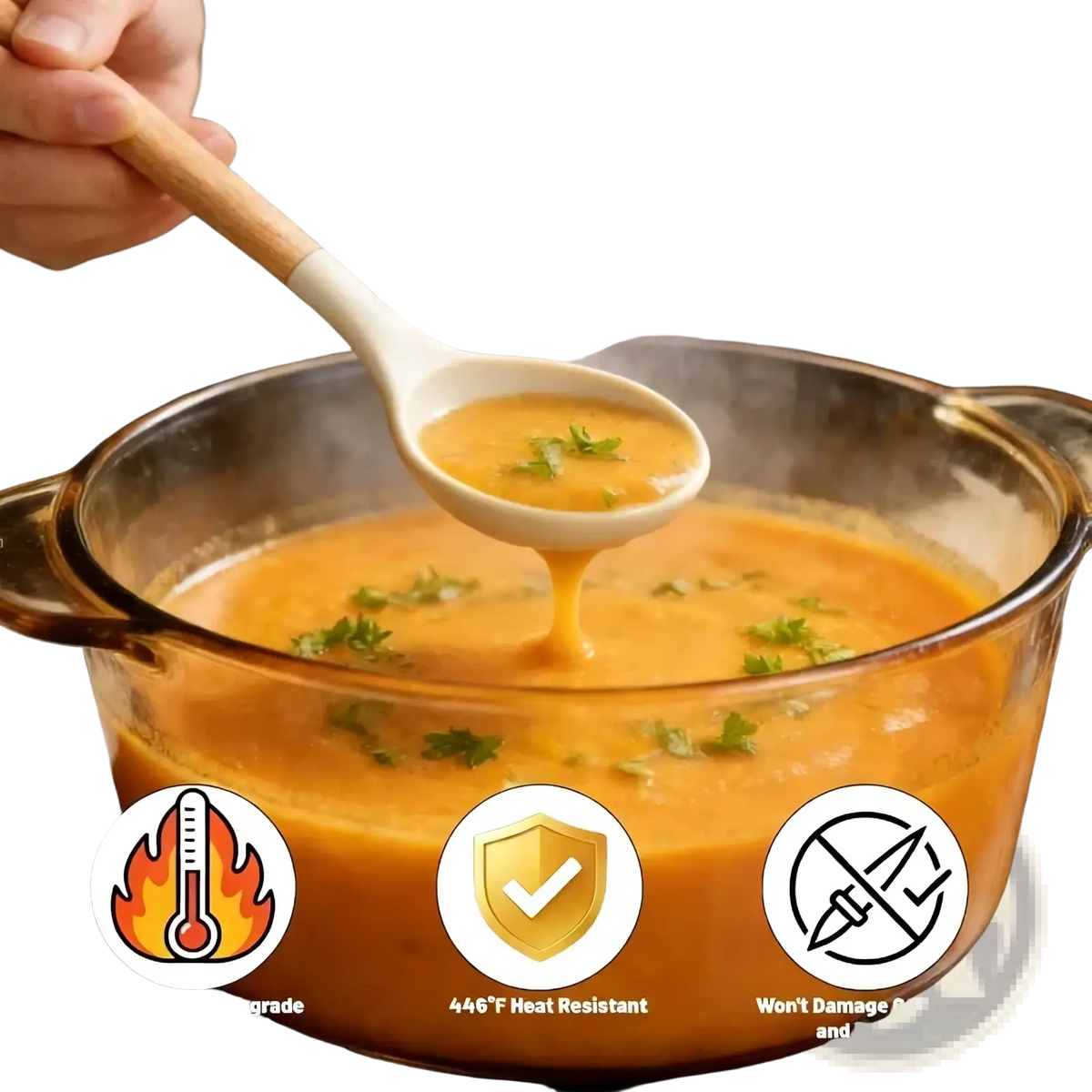 White silicone ladle with wooden handle lifting steaming orange soup from glass pot in silicone kitchen utensils set 14 piece