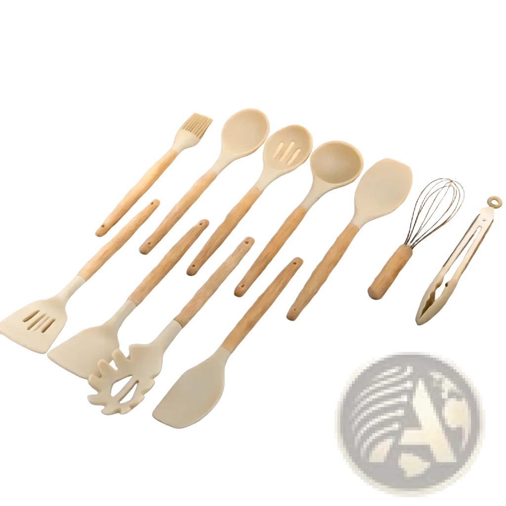 Set of 14 cream silicone kitchen utensils with wooden handles including spatulas spoons whisk tongs and brush
