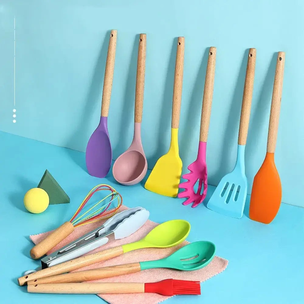 Set of colorful silicone and wood heat resistant cooking utensils with assorted shapes and vibrant hues