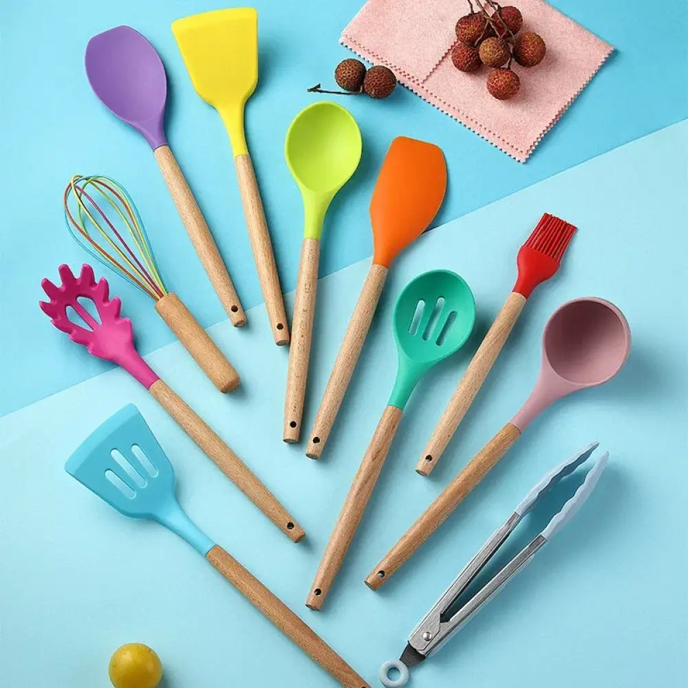 Set of colorful silicone-coated wooden-handled heat resistant cooking utensils including spoons spatulas whisk and tongs