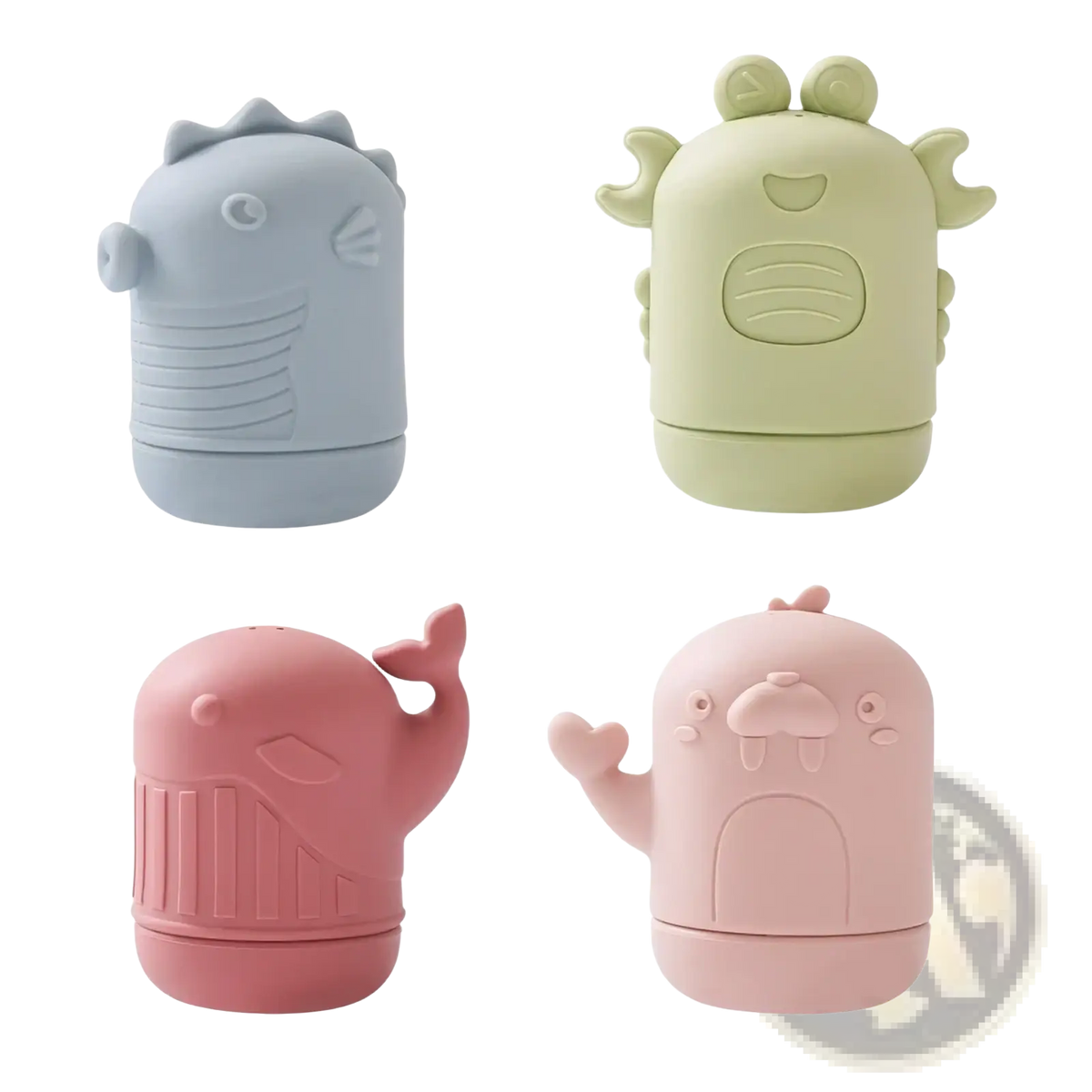 Pastel-colored silicone koala character travel-sized toiletry containers featured in silicone koala baby bath sprinkler toy set