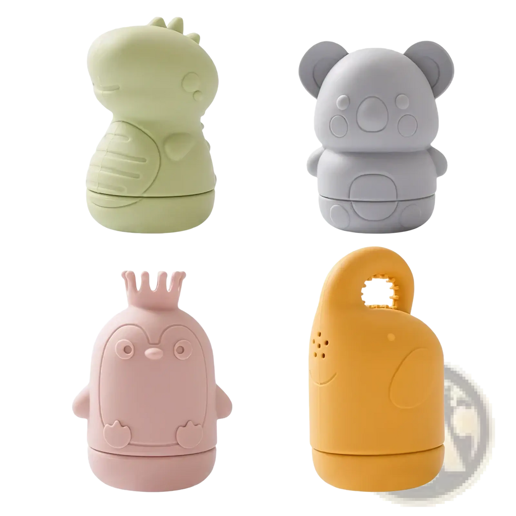 Pastel-colored silicone koala baby bath sprinkler toy with dinosaur penguin and elephant shapes for safe play