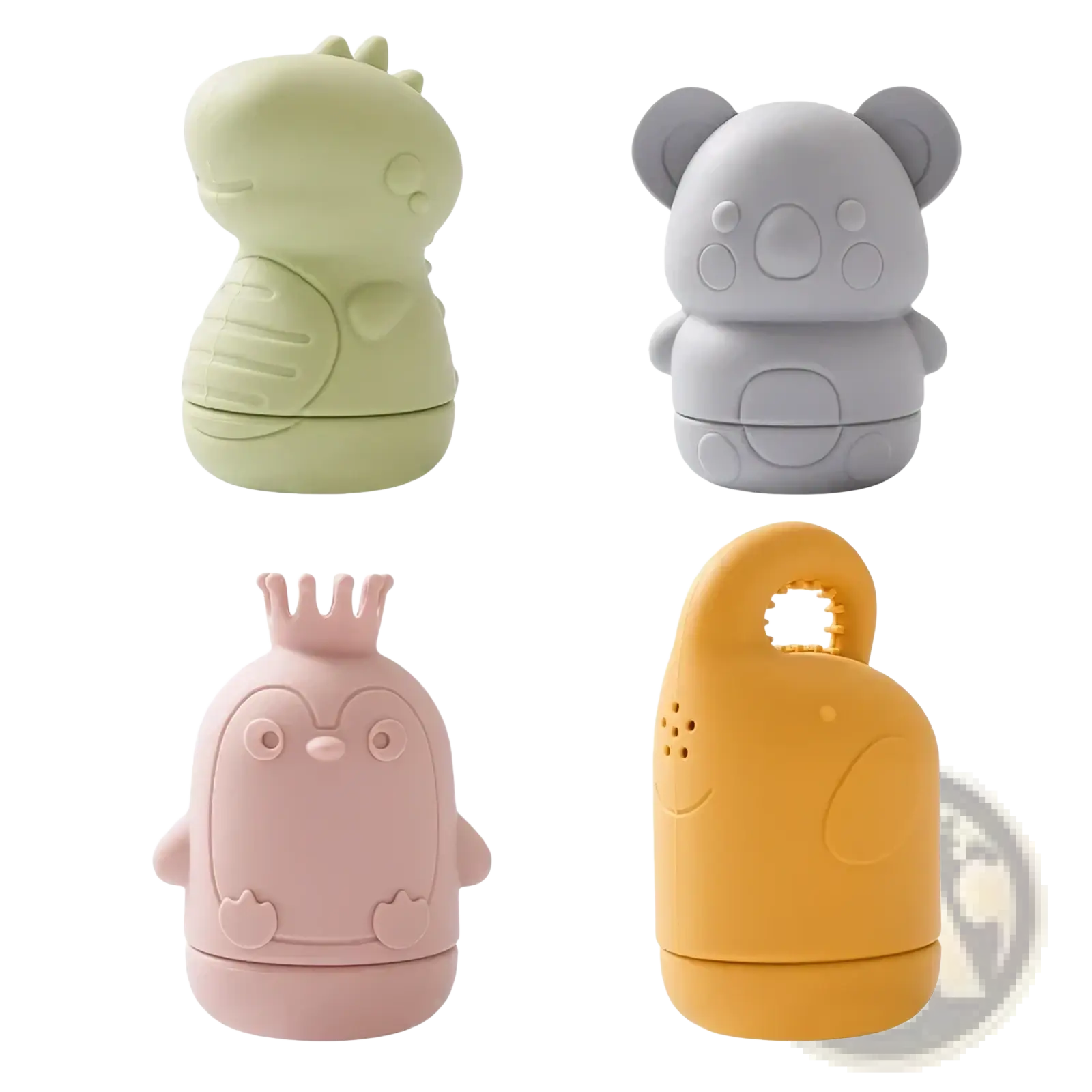 Pastel-colored silicone koala baby bath sprinkler toy with dinosaur penguin and elephant shapes for safe play