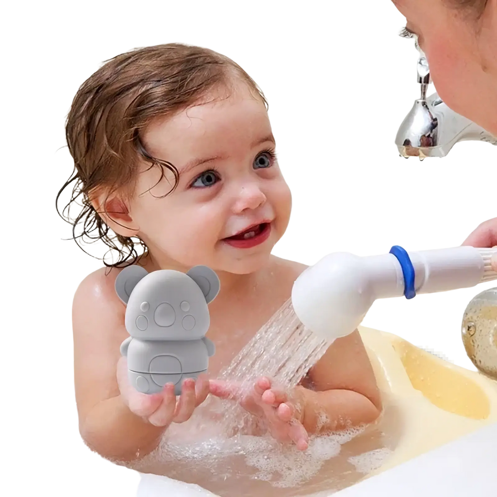Gray silicone koala baby bath sprinkler toy designed for safe and fun water play during bathtime