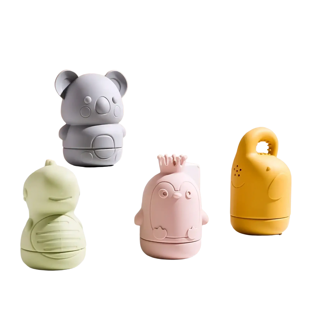 Gray silicone koala baby bath sprinkler toy made of smooth plastic with rounded ears and simple facial features