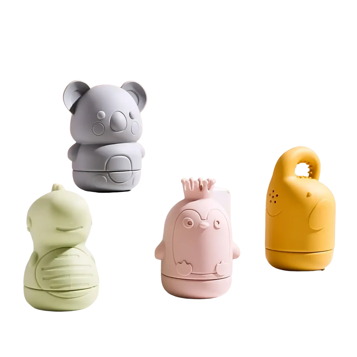 Gray silicone koala baby bath sprinkler toy made of smooth plastic with rounded ears and simple facial features