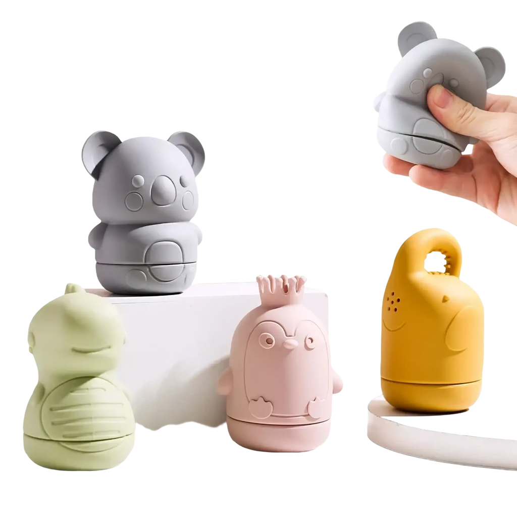 Gray koala-shaped silicone travel toiletry case designed as a baby bath sprinkler toy for convenient use
