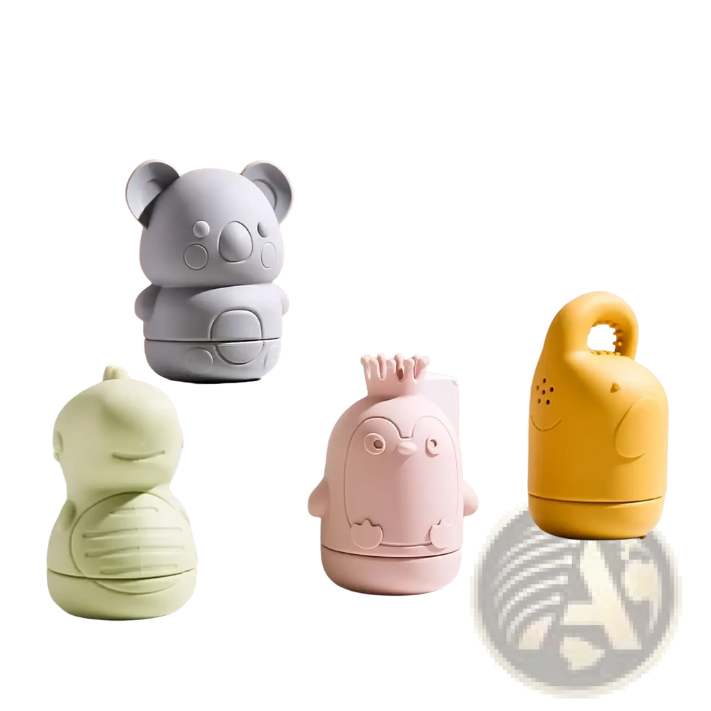 Gray silicone koala baby bath sprinkler toy made of smooth plastic with rounded ears and simple facial features